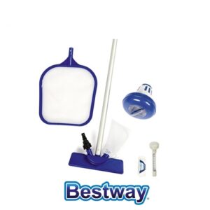 Set Accessori Piscina Include: Kit Di Manutenzione 58013 (Asta E Retino),
Dosatore Chimico 58071, Termometro 58072, Strisce Test 58142 E Toppe
Riparazione 62068  58195