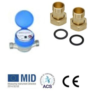 Contatore Asciutto D. 3/4"Getto Unico Competo di Coperchio e Raccordi Cod. CAUG